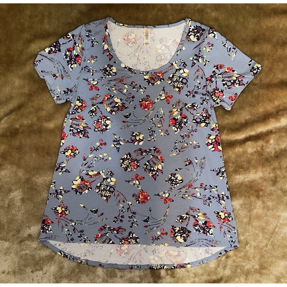 Lularoe Top Womens Size XS Blue Floral Short Sleeve Simply Comfortable Stretch